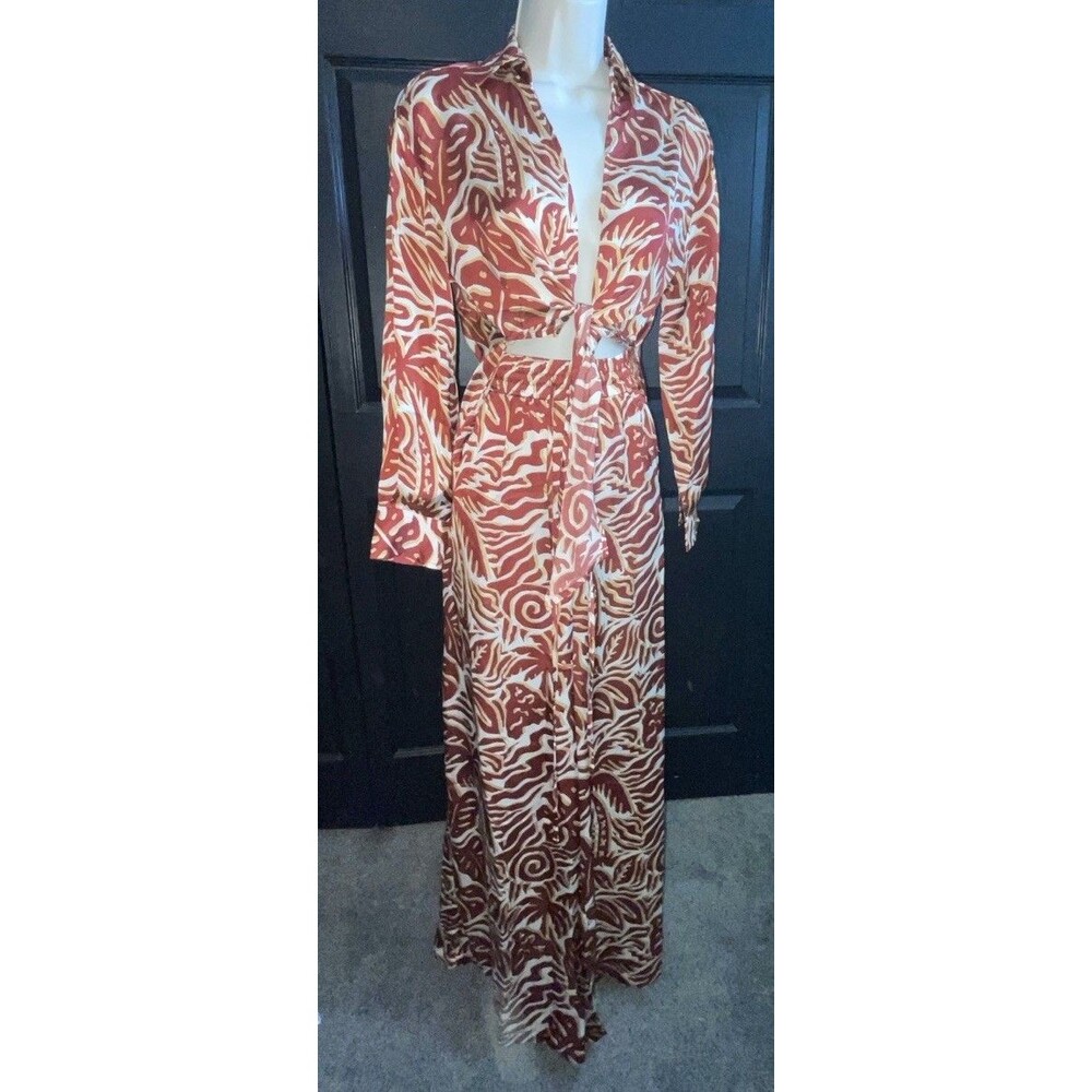 Dress Forum LA Top S Pants M Rust Leaf Print 2Pc Set Crop Top Wide Leg Boho
